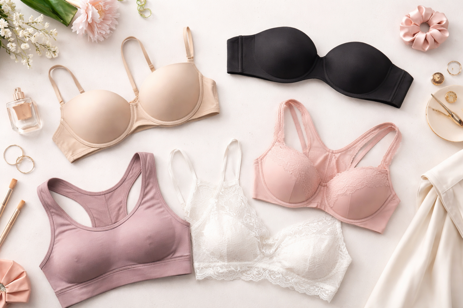 Assorted women’s bras in nude, black, pink, white, and mauve arranged neatly on a soft background with flowers and accessories