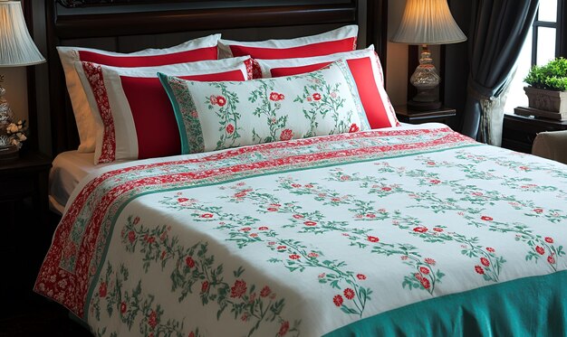 Floral bedspread with red and green accents on a neatly made bed with pillows and bedside lamps.