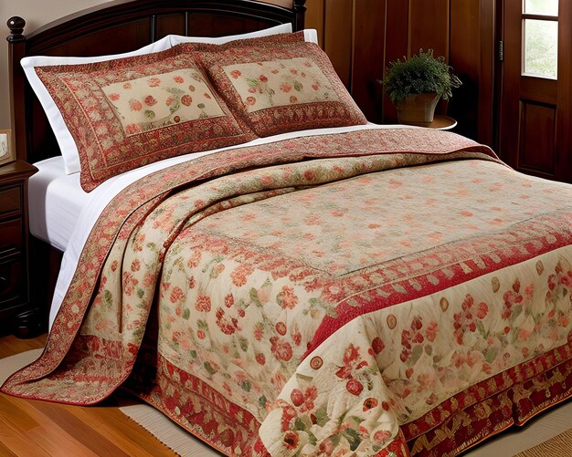 Beige and red floral quilt set with matching pillows on a wooden bed in a cozy bedroom setting.
