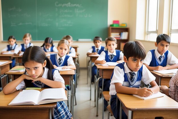 Students in school uniforms sit at desks writing quietly in a classroom with a chalkboard behind them.